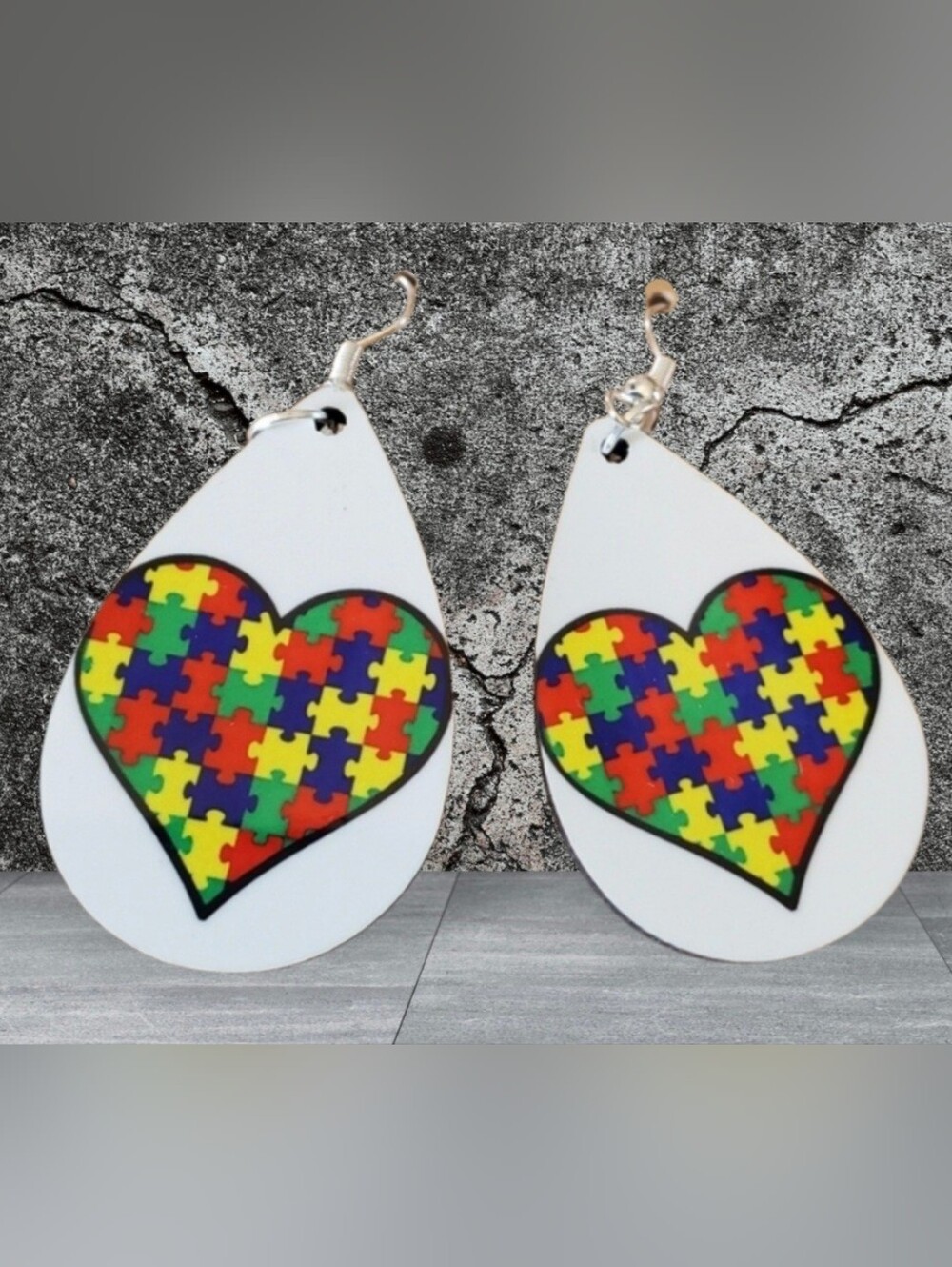 Autism Puzzle Pieces Heart Teardrop Earrings